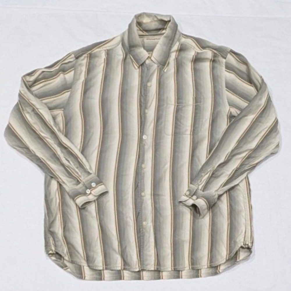 Tommy Bahama Silk Tencel Blend Tan Striped Long Sleeve Button Down Shirt XL